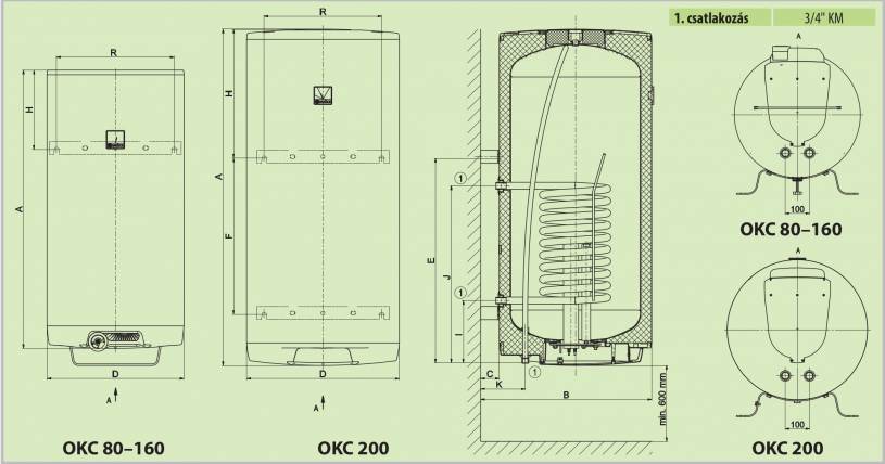 OKC 80 /0,4 m2, Fali elektromos fűtésű, 1 hőcserélős (0,4 m2) indirekt tároló