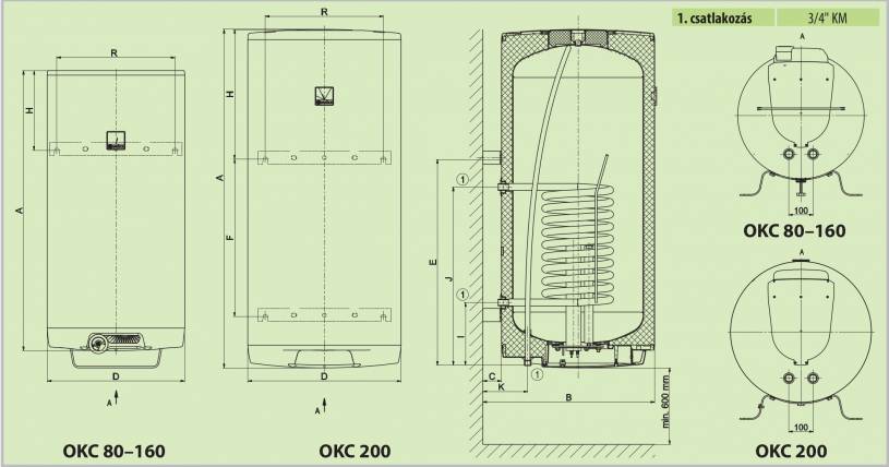 Drazice OKC 200 fali, 1 hőcserélős kombinált villanybojler 2,2kW fűtőbetéttel