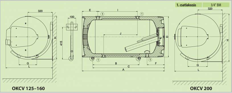 Drazice OKCV 200 fali, fekvő kombinált villanybojler, 2,2kW fűtőbetéttel - jobbos kivitel